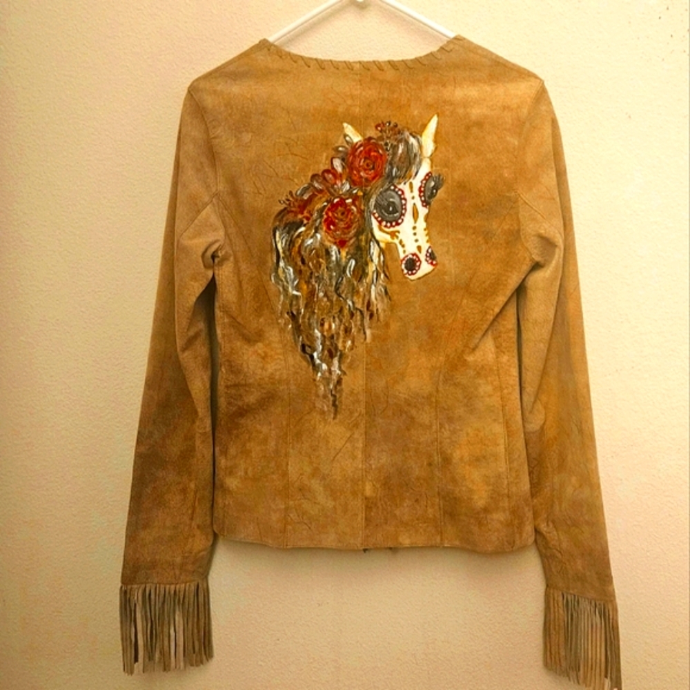 Suede Hand-Painted Tan Jacket with Horse Design Small Fringe Day Of The Dead